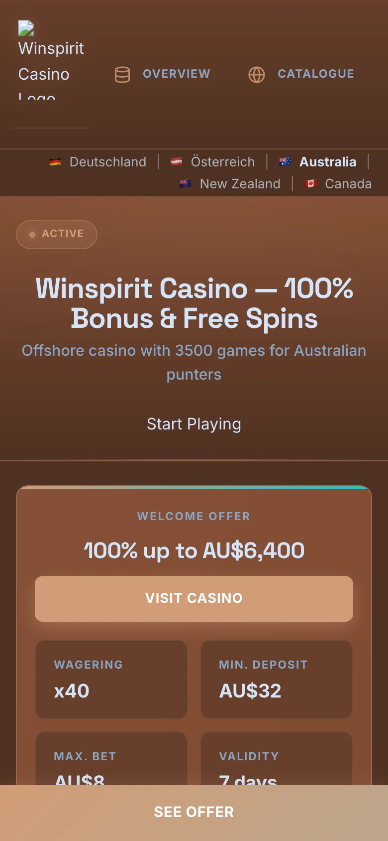 Winspirit Casino mobile lobby screenshot